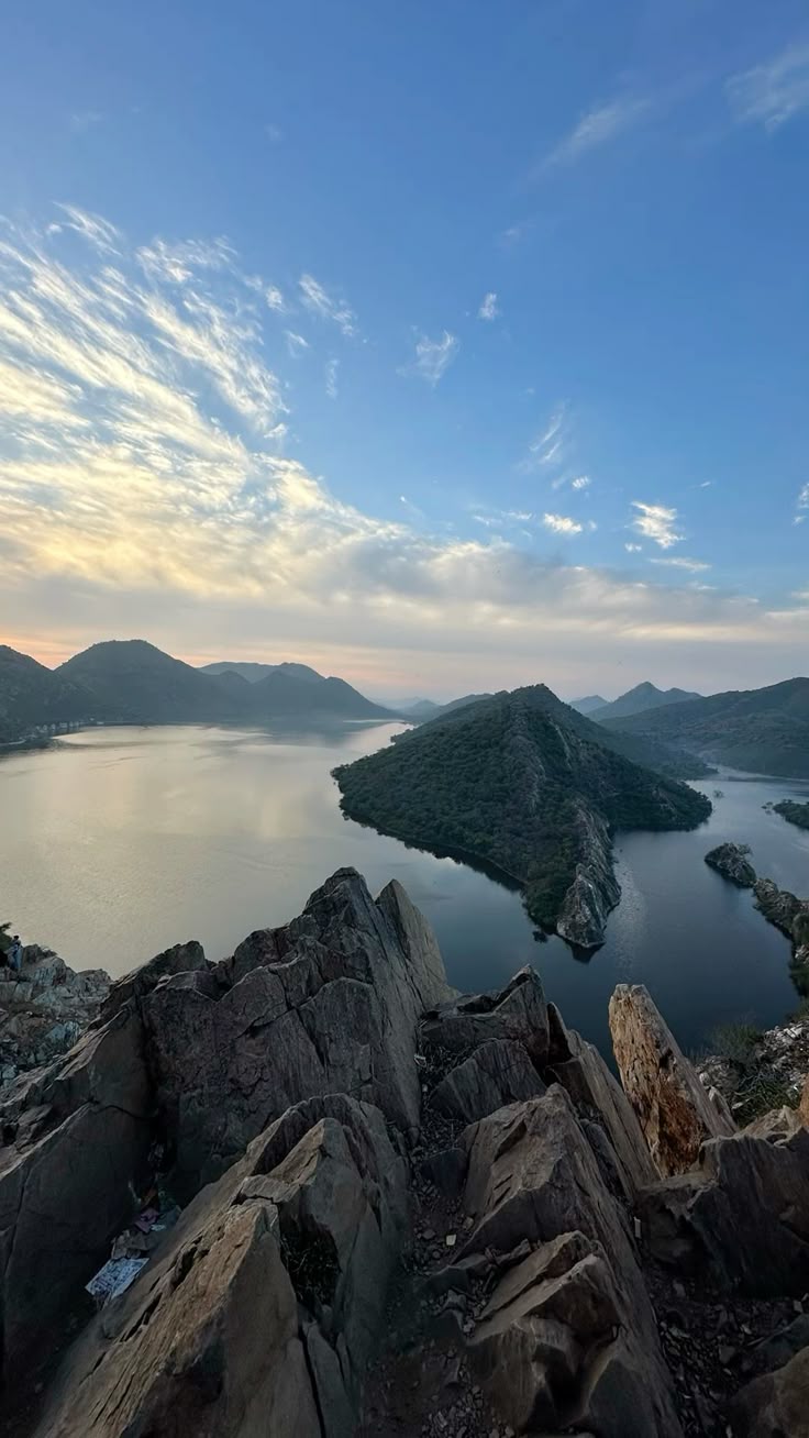 Scenic view of a lake with an island from a high vantage point.